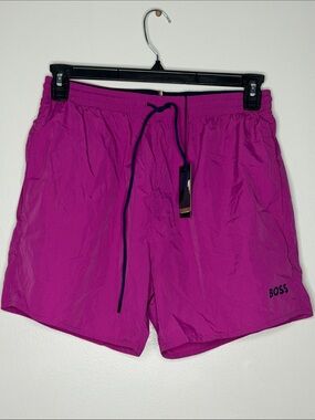 BOSS Men's Bright Magenta Athletic Shorts with Contrast Drawstring